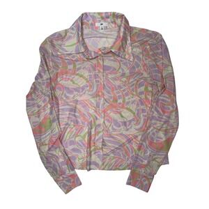 BP Nordstrom Womens Psychedelic Swirl Mesh Button Down Shirt Retro Purple Pink
